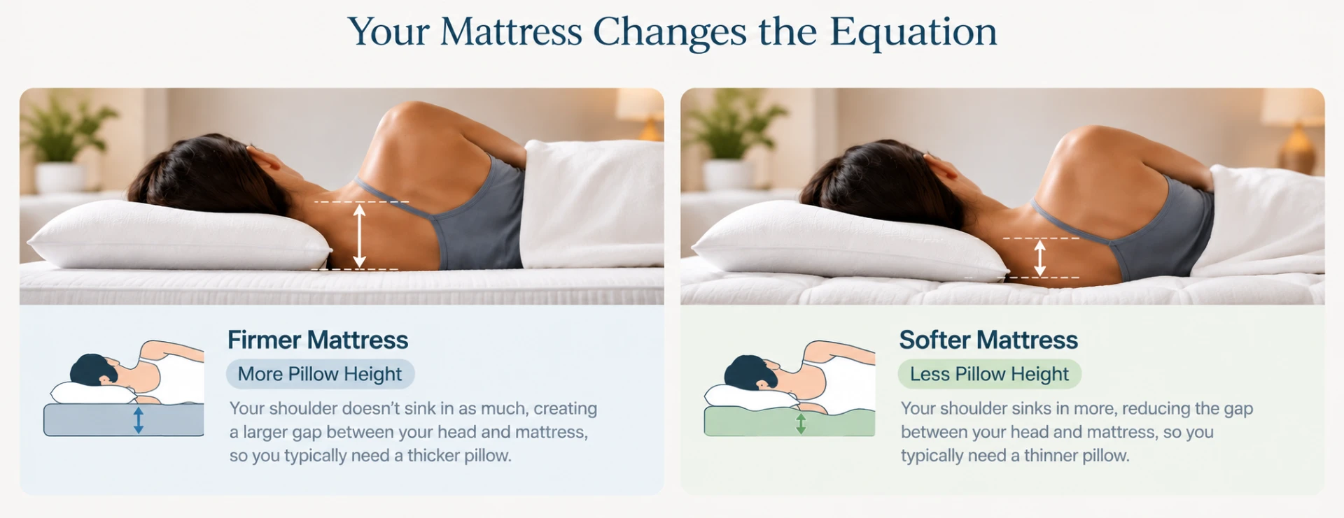 Side sleeper shown on firmer and softer mattresses, illustrating how shoulder sink can change the pillow height needed for comfortable head and neck support.