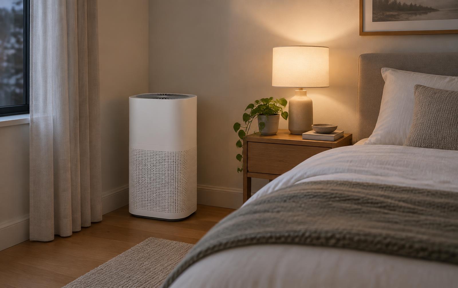 An unbranded air purifier in the corner of a calm bedroom