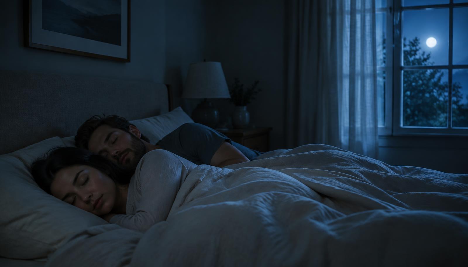 A couple asleep in a dark, moonlit bedroom