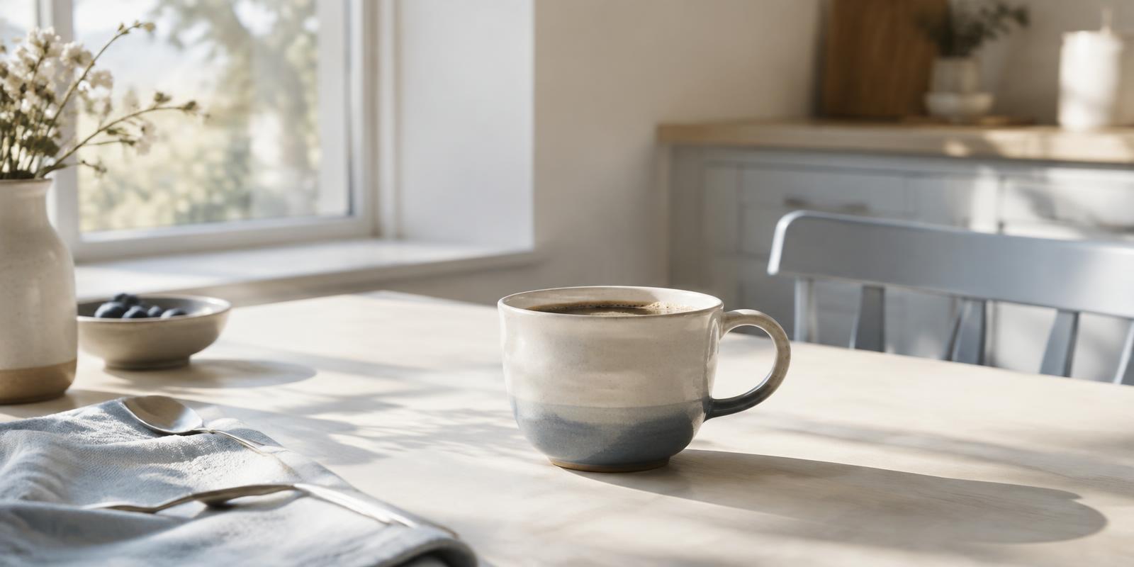 A ceramic coffee cup on a sunlit kitchen table in the afternoon