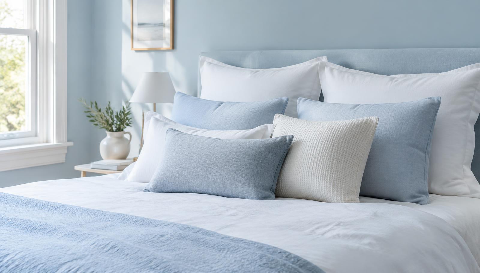 Pillows of different heights arranged on a bed