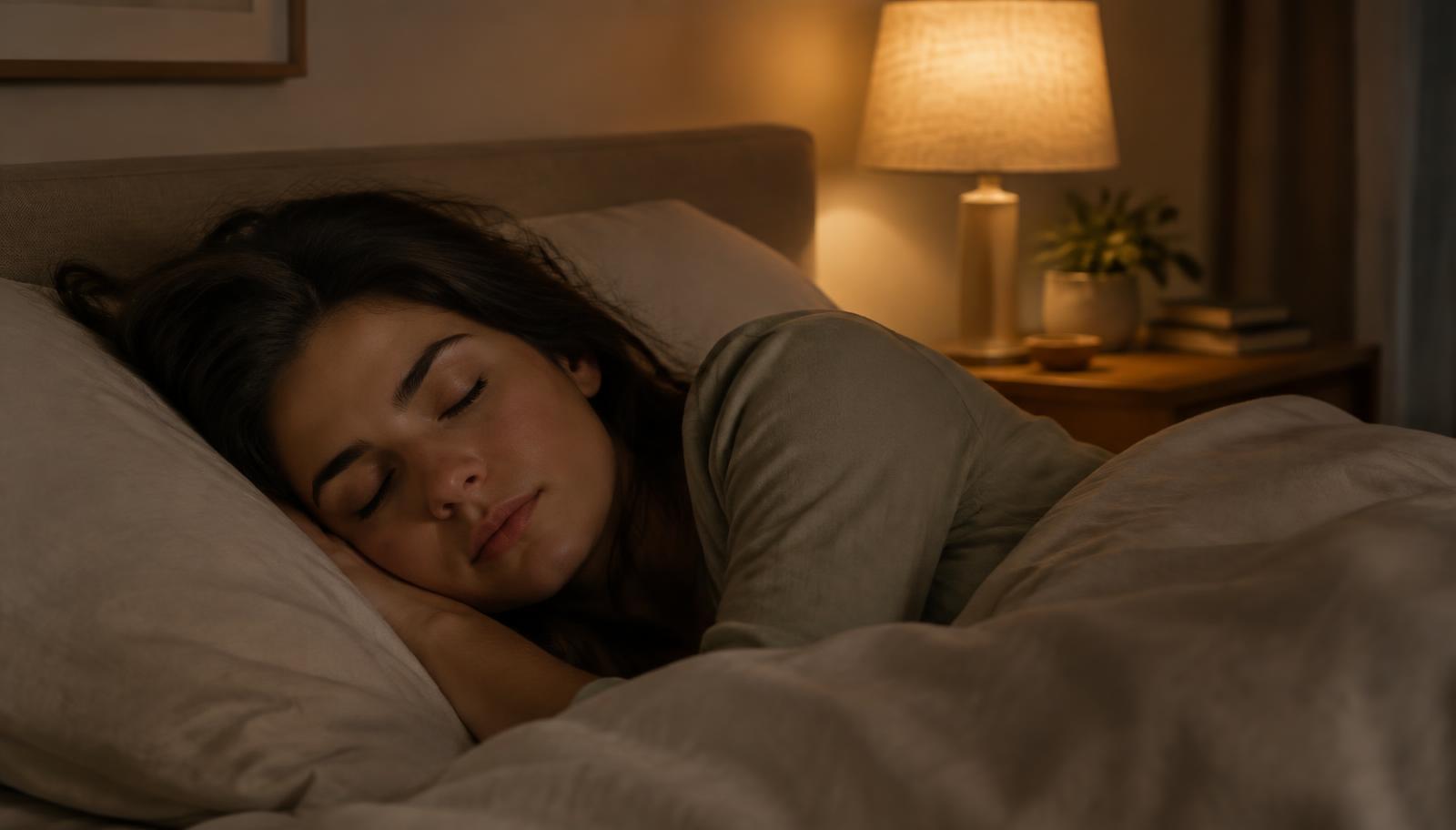 A woman falling asleep in a softly lit bedroom