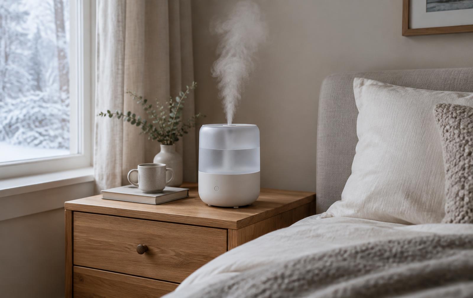 A small humidifier on a bedroom nightstand on a winter morning