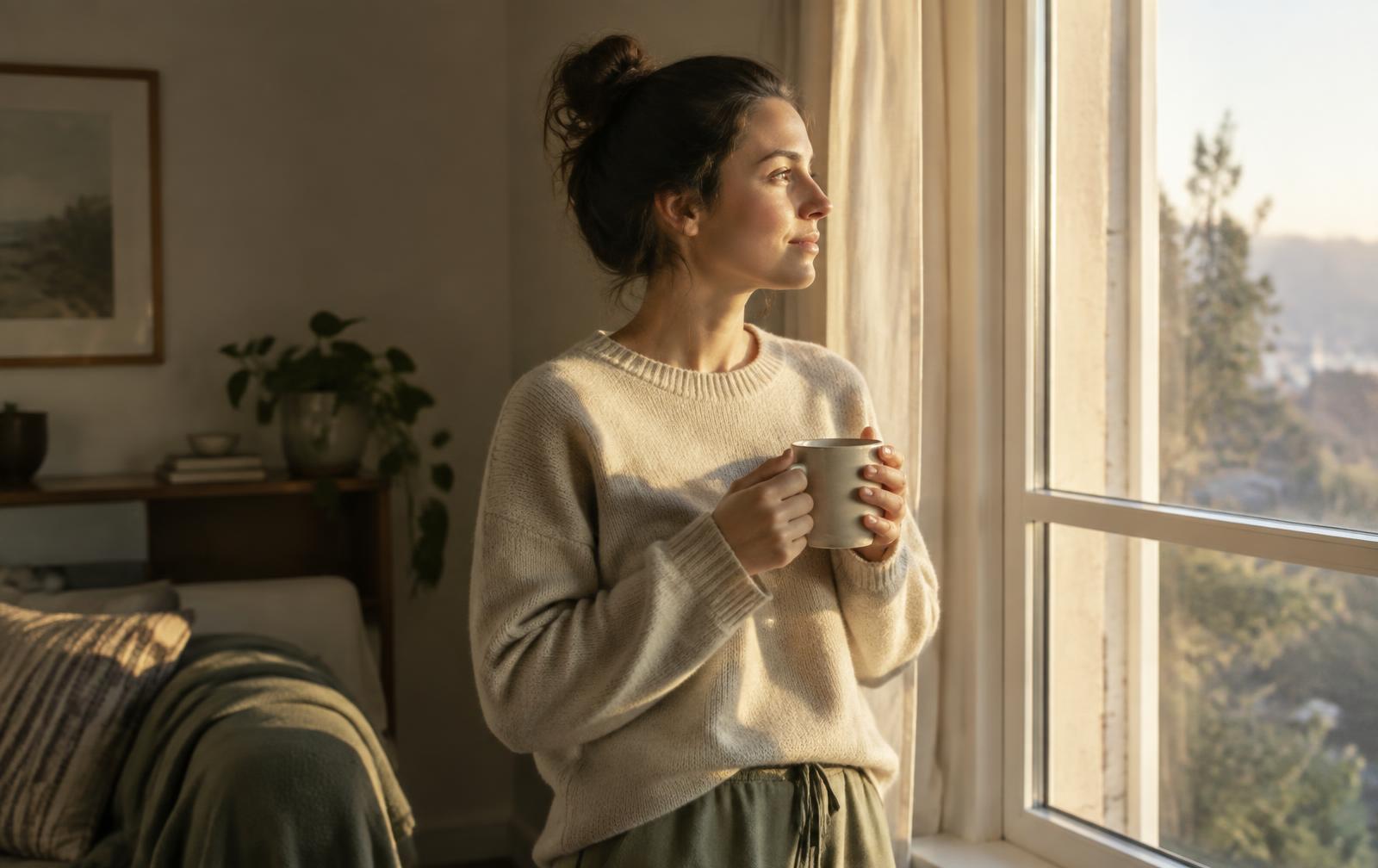 A person holding a mug by a sunlit window in the morning