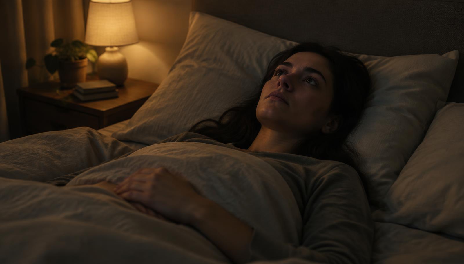 A woman lying awake in bed by the light of a bedside lamp