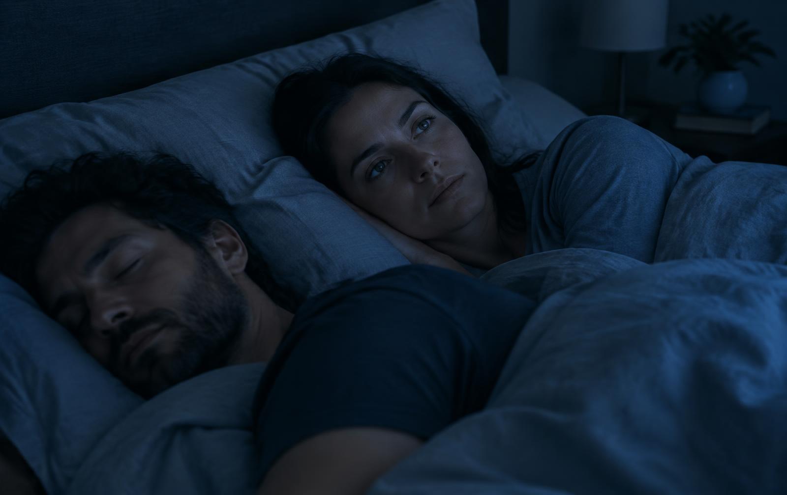 A couple in bed at night, one asleep and one awake