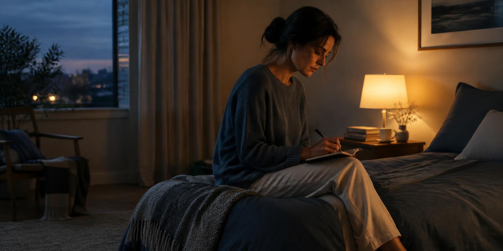 A woman writing in a notebook by a dim bedside lamp in the evening