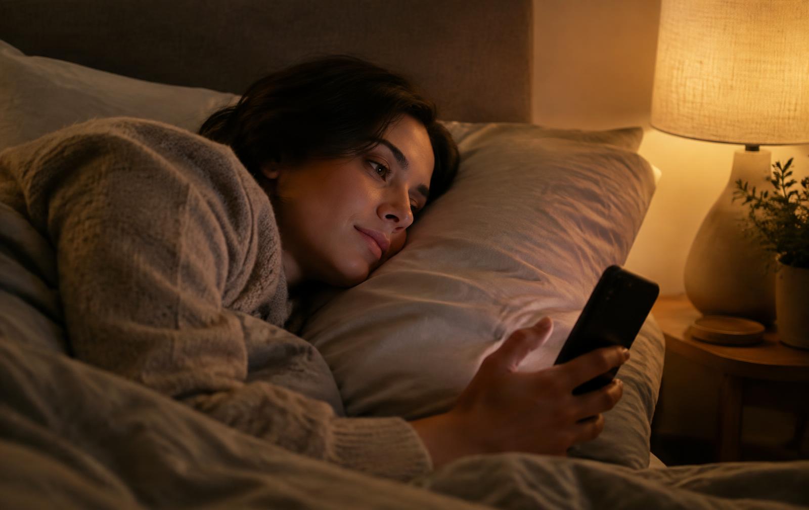 A person in bed using a dimmed phone by lamplight