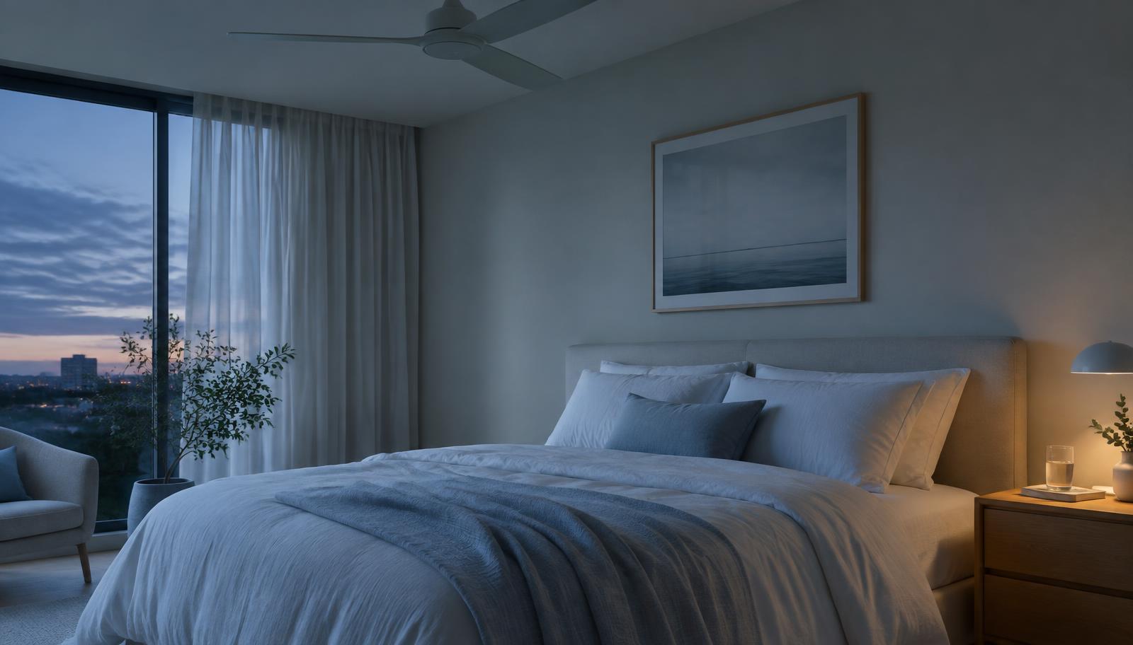 Cool evening bedroom with light bedding and a ceiling fan