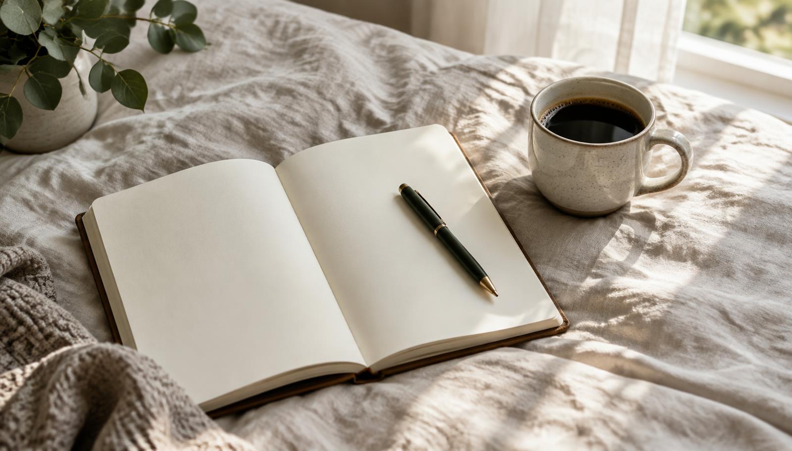 An open notebook and pen beside a cup of coffee on a linen bedspread