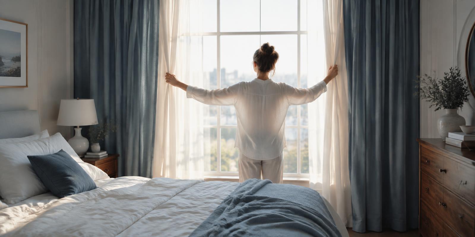 A person opening bedroom curtains to morning daylight