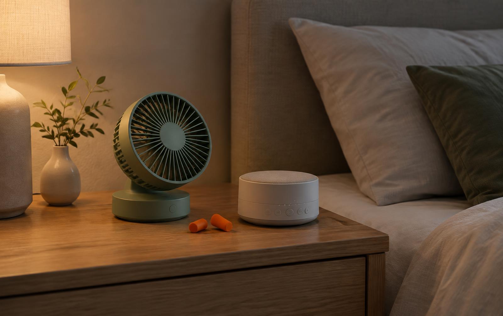 A bedside table with a fan, earplugs and a sound machine